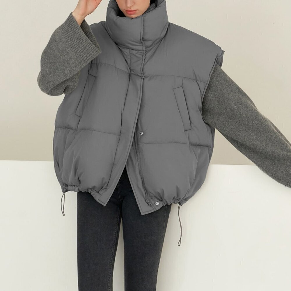Grey Casual Women's Drawstring Hem Sleeveless Zip Front Puffer Pockets Coat - Picture 3 of 8